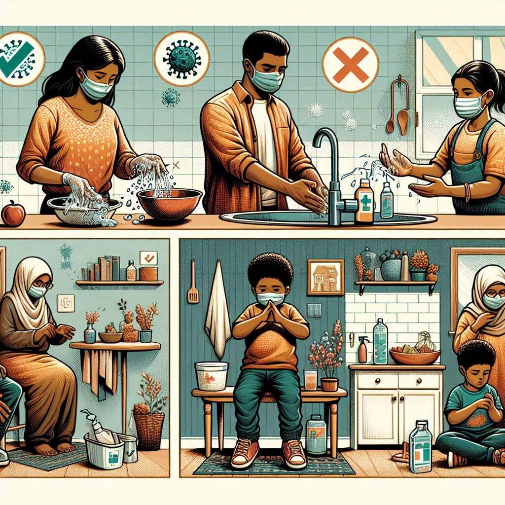 A detailed and informative illustration of Hepatitis A virus transmission, showing hygiene practices like hand washing and safe food handling, set against a backdrop of a family at home, highlighting the importance of prevention measures.