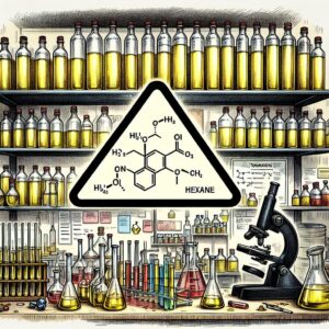 A depiction of a laboratory with shelves of vegetable oil bottles, test tubes, and scientific equipment. A warning symbol is visible with the molecular structure of hexane, illustrating the toxicity concern.