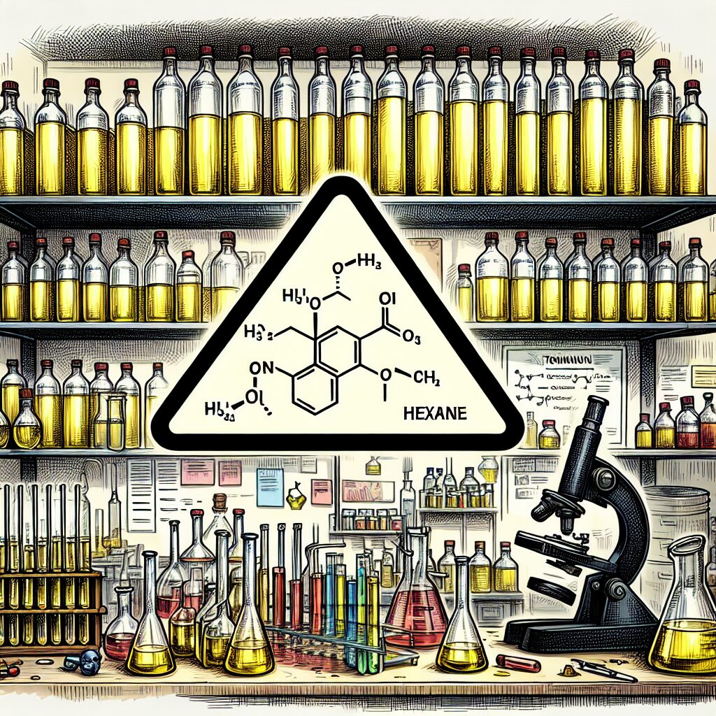 A depiction of a laboratory with shelves of vegetable oil bottles, test tubes, and scientific equipment. A warning symbol is visible with the molecular structure of hexane, illustrating the toxicity concern.