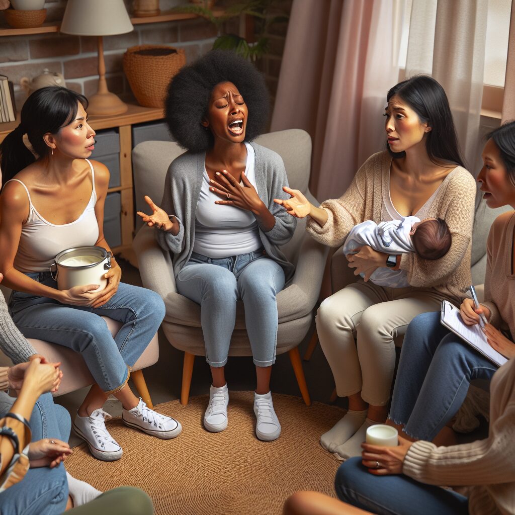 A group of diverse mothers sitting in a circle, discussing breastfeeding experiences, expressing a range of emotions from stress to relief, in a supportive environment.