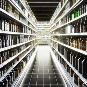 Image d'une étagère de supermarché remplie de bouteilles d'huile de différentes marques, avec un focus sur les étiquettes indiquant des solvants chimiques présents, éclairage lumineux de supermarché, ambiance inquiétante mais informative.