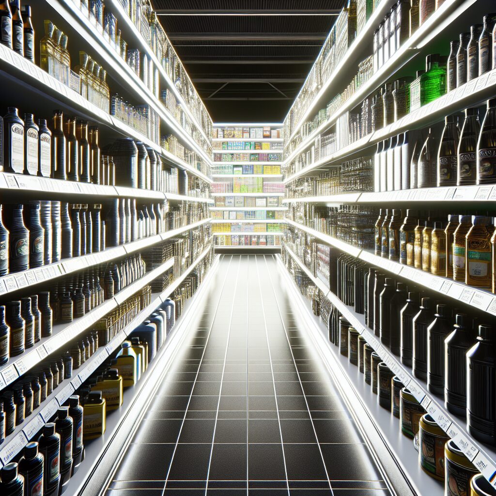 Image d'une étagère de supermarché remplie de bouteilles d'huile de différentes marques, avec un focus sur les étiquettes indiquant des solvants chimiques présents, éclairage lumineux de supermarché, ambiance inquiétante mais informative.