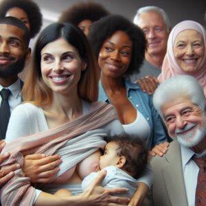 A mother breastfeeding her child in a public place, with a supportive crowd in the background and former French President François Hollande smiling nearby, promoting a sense of acceptance and normalcy.