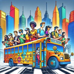 A vibrant and dynamic scene of a colorful bus in a bustling urban setting, engaging with young adults in an interactive and playful environment. Young people are participating in health-related educational activities, with elements of fun and engagement like games and virtual reality. The backdrop includes city landmarks and enthusiastic expressions of the youth.