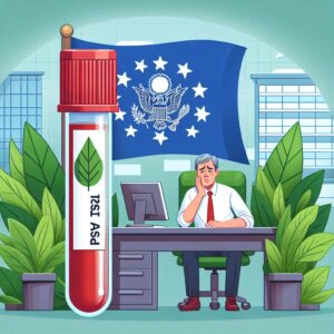 An illustration showing a blood test tube with a label 'PFAS Test', alongside a worried European political leader in an office setting, surrounded by green plants and an EU flag in the background, to symbolize the environmental and political impact of the issue.