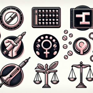 Une illustration montrant des symboles de la contraception et de l'avortement, comme des pilules contraceptives, le symbole du genre, et une balance de justice, pour refléter les droits et l'autonomie en matière de santé reproductive.