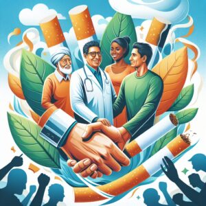 Une illustration dynamique et motivante du Mois sans Tabac, montrant des personnes de divers âges et origines, s'entraidant pour arrêter de fumer, entourés de symboles de santé et de réussite, avec des feuilles de tabac stylisées se transformant en feuilles vertes et fraîches.
