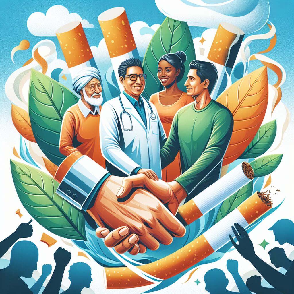 Une illustration dynamique et motivante du Mois sans Tabac, montrant des personnes de divers âges et origines, s'entraidant pour arrêter de fumer, entourés de symboles de santé et de réussite, avec des feuilles de tabac stylisées se transformant en feuilles vertes et fraîches.