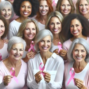 A diverse group of women aged 50 and above, smiling and showing unity, holding pink ribbons, symbolizing breast cancer awareness, set in a soft focus, health-oriented background.