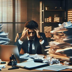 A stressed business manager sitting at a cluttered desk, with visible signs of anxiety, surrounded by papers and a laptop, in a modern office setting.