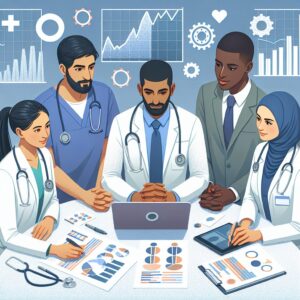 Illustration of healthcare professionals collaborating on a health intervention program, surrounded by charts and data analysis tools, representing the concept of evidence-based health prevention strategies.