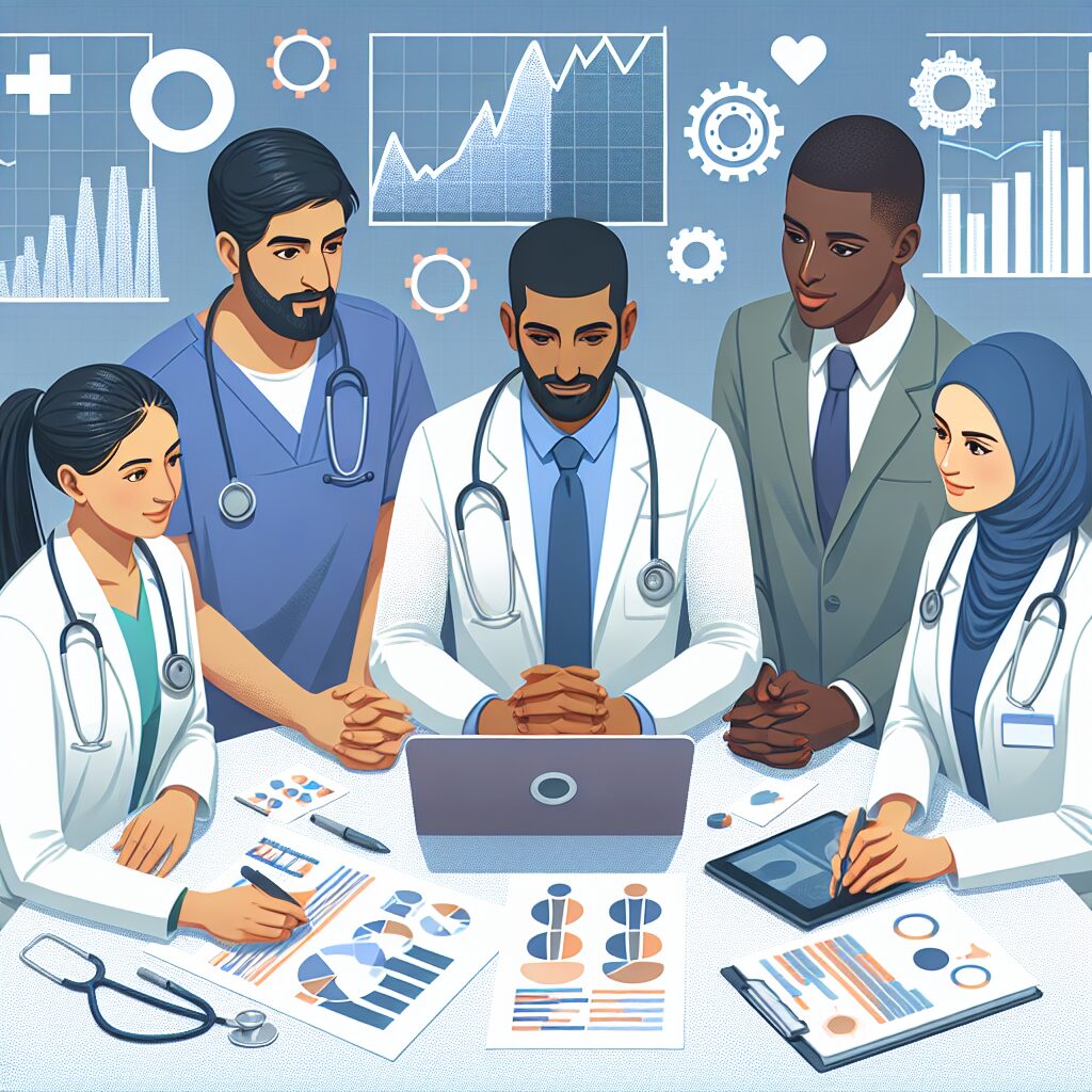 Illustration of healthcare professionals collaborating on a health intervention program, surrounded by charts and data analysis tools, representing the concept of evidence-based health prevention strategies.