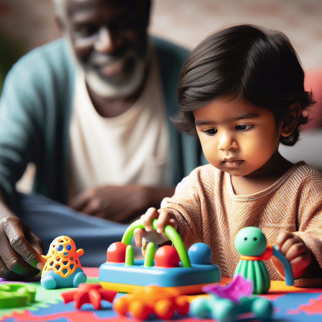 Photo d'un enfant jouant avec des jouets en silicone sur un tapis coloré. Un adulte l'observe avec attention, les jouets sont modernes et colorés, marqués d'une mise en garde sécurité. L'émotion transmise est à la fois ludique et vigilant, lumière naturelle et douce.
