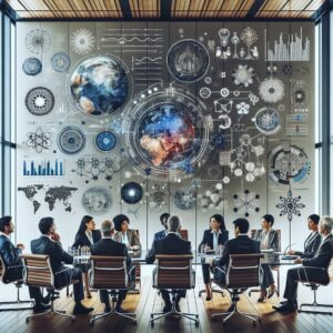 A diverse group of professional and international scientists in a meeting, exchanging ideas in a modern conference room; a setting symbolizing collaboration and scientific discussion, with abstract scientific graphs in the background.