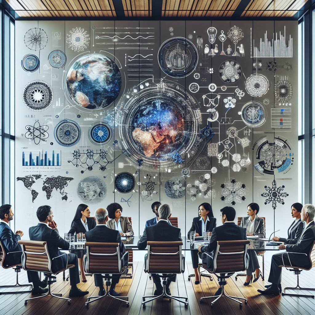 A diverse group of professional and international scientists in a meeting, exchanging ideas in a modern conference room; a setting symbolizing collaboration and scientific discussion, with abstract scientific graphs in the background.