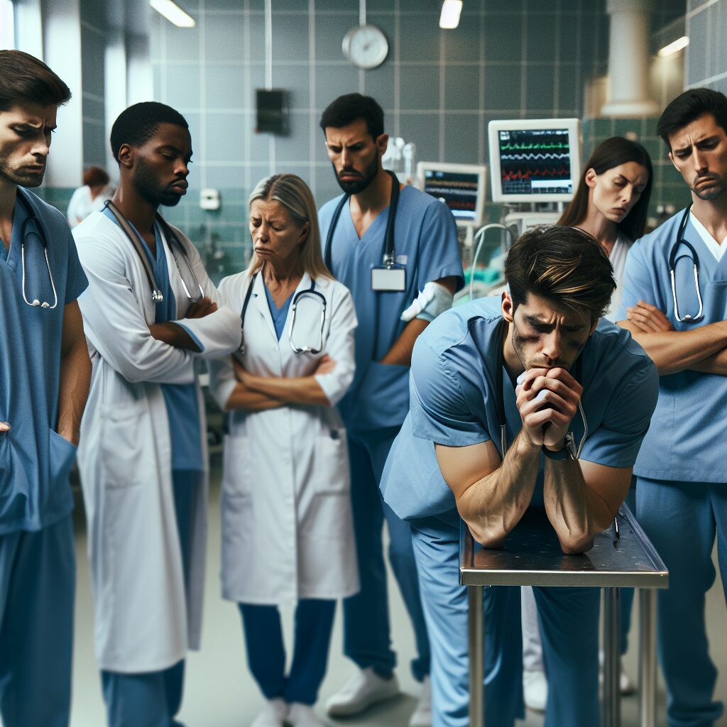An image depicting a European hospital setting with a focus on weary and stressed medical staff. The setting should reflect a sense of urgency and concern, highlighting the emotional burden faced by healthcare professionals.