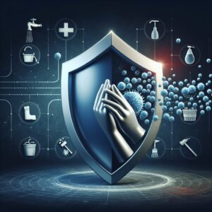 A medical illustration showing a shield protecting against a virus, depicting the concept of preventing the spread of hepatitis A. The background should include icons representing hygiene practices such as handwashing, cleaning, and vaccination.