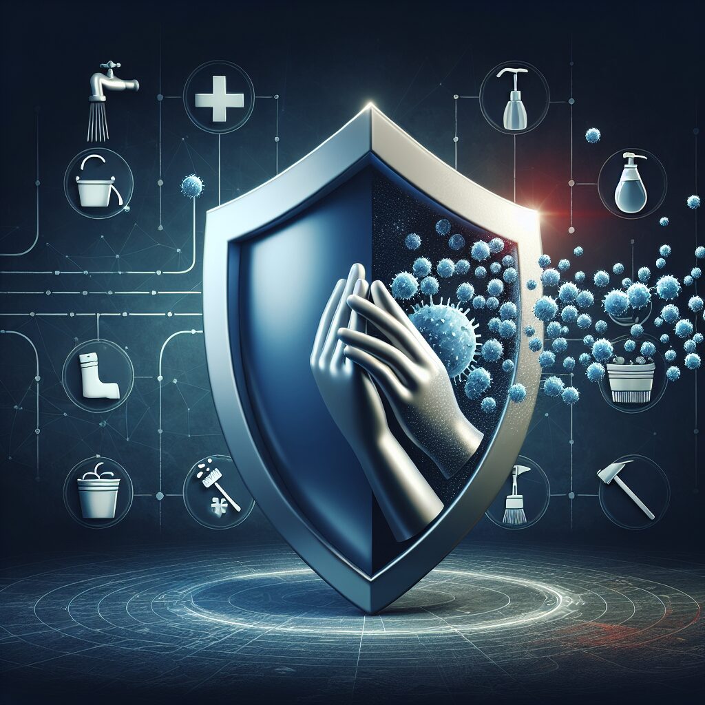 A medical illustration showing a shield protecting against a virus, depicting the concept of preventing the spread of hepatitis A. The background should include icons representing hygiene practices such as handwashing, cleaning, and vaccination.