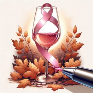 Illustration showing a glass of wine with a pink ribbon, symbolizing breast cancer awareness in October, with a cautionary theme against alcohol consumption.