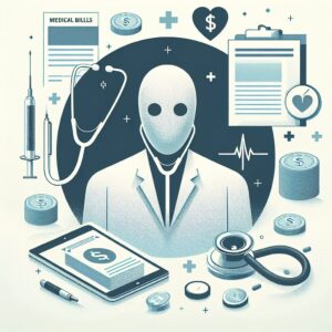 An illustrative image showing a concept of fraud in healthcare billing, with a stethoscope, medical bills, and a blurred image of a doctor's face. The color scheme should be neutral with a focus on white and blue tones, symbolizing both healthcare and investigation.