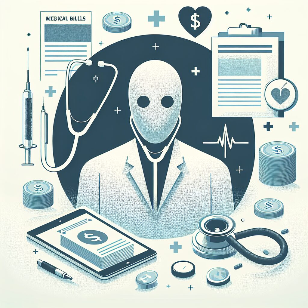 An illustrative image showing a concept of fraud in healthcare billing, with a stethoscope, medical bills, and a blurred image of a doctor's face. The color scheme should be neutral with a focus on white and blue tones, symbolizing both healthcare and investigation.