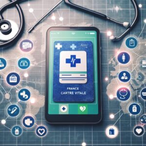 A smartphone displaying a digital Carte Vitale with a background of a map and icons representing various healthcare professionals, symbolizing connectivity and modern healthcare technology in France.