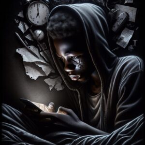 Anxiety and depression in young people, illustrating the mental health crisis among youths, with a focus on technology and screens as contributing factors, artistic and emotive