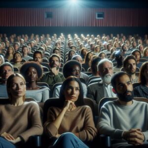 A cinematic scene showing a diverse audience at a cinema, watching a film that deals with mental health. The cinema is comfortably packed, and the mood is contemplative and engaging, highlighting the theme of mental health awareness through art.