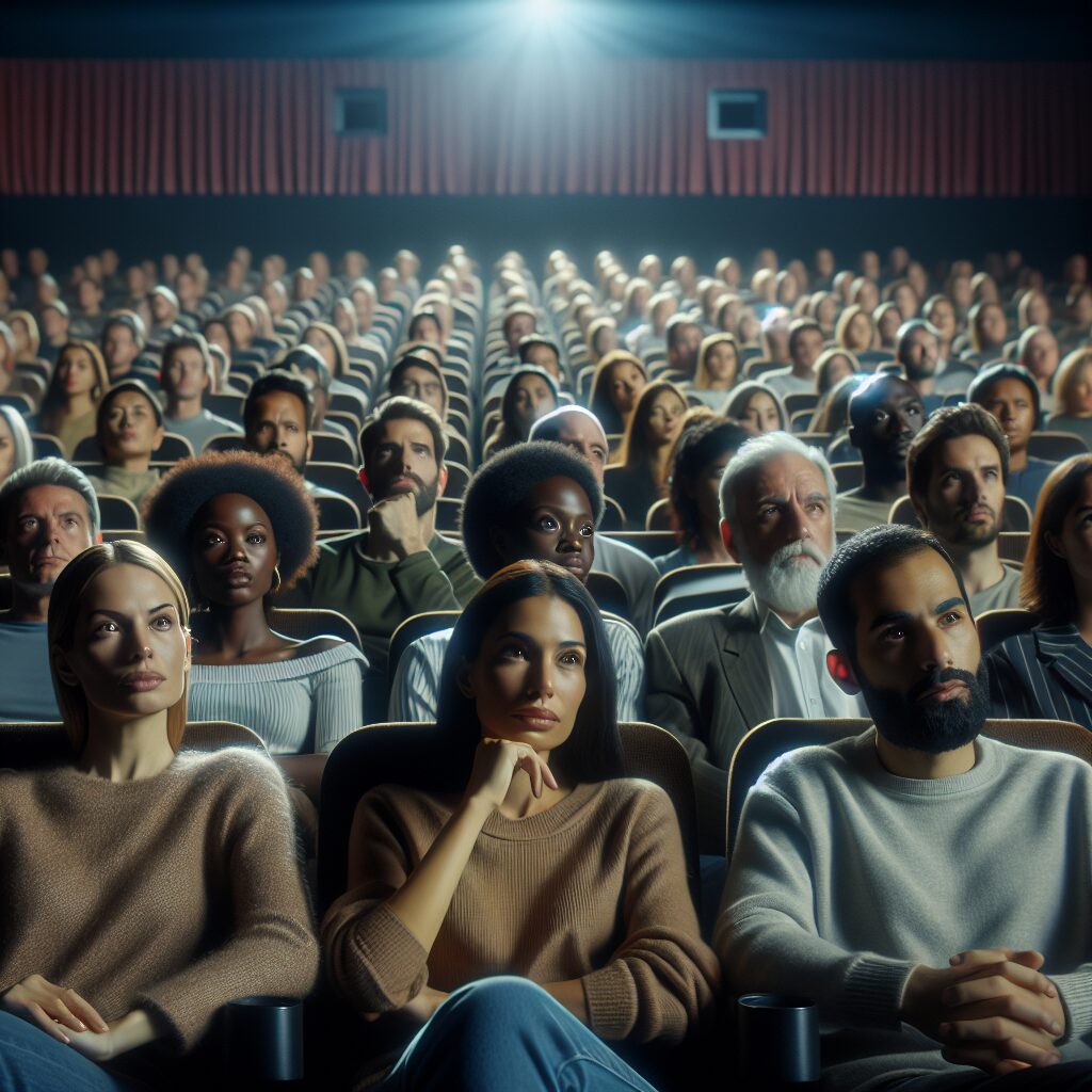 A cinematic scene showing a diverse audience at a cinema, watching a film that deals with mental health. The cinema is comfortably packed, and the mood is contemplative and engaging, highlighting the theme of mental health awareness through art.