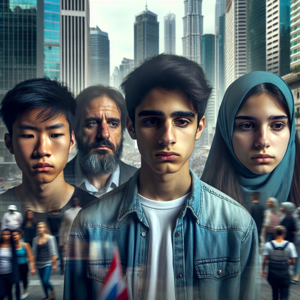 A thoughtful image capturing a diverse group of young people looking concerned, with expressions indicating stress or anxiety, in a modern city setting. The image should convey the theme of mental health awareness among youth.