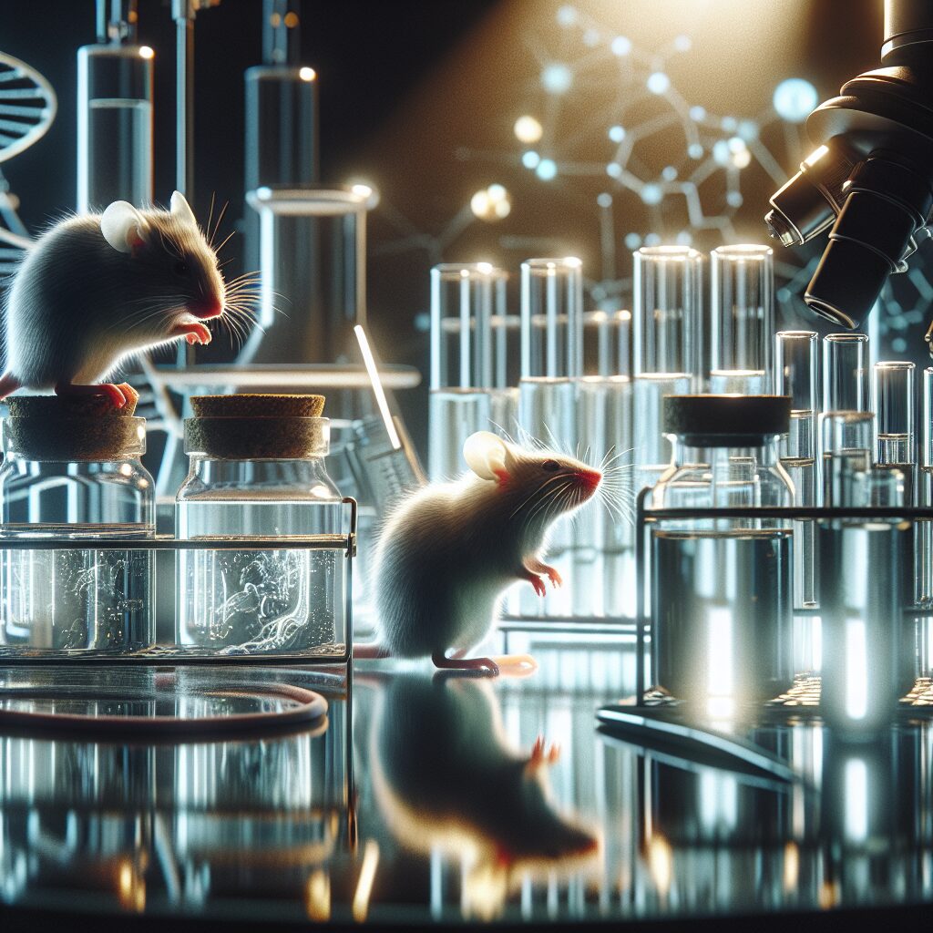 Des souris de laboratoire dans un environnement scientifique, avec une atmosphère de recherche et de découverte médicale.