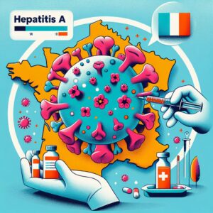 Une illustration de l'hépatite A montrant le virus et des mesures de prévention telles que le lavage des mains et la vaccination, avec une carte de France en arrière-plan pour situer l'épidémie.