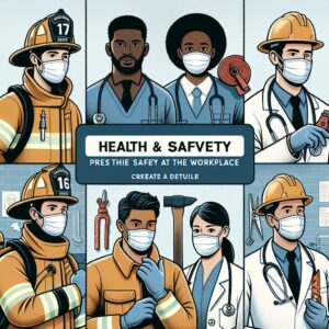 An illustrative image depicting a diverse group of workers in various professions, highlighting the importance of health and safety in the workplace, with a focus on collaboration and prevention.