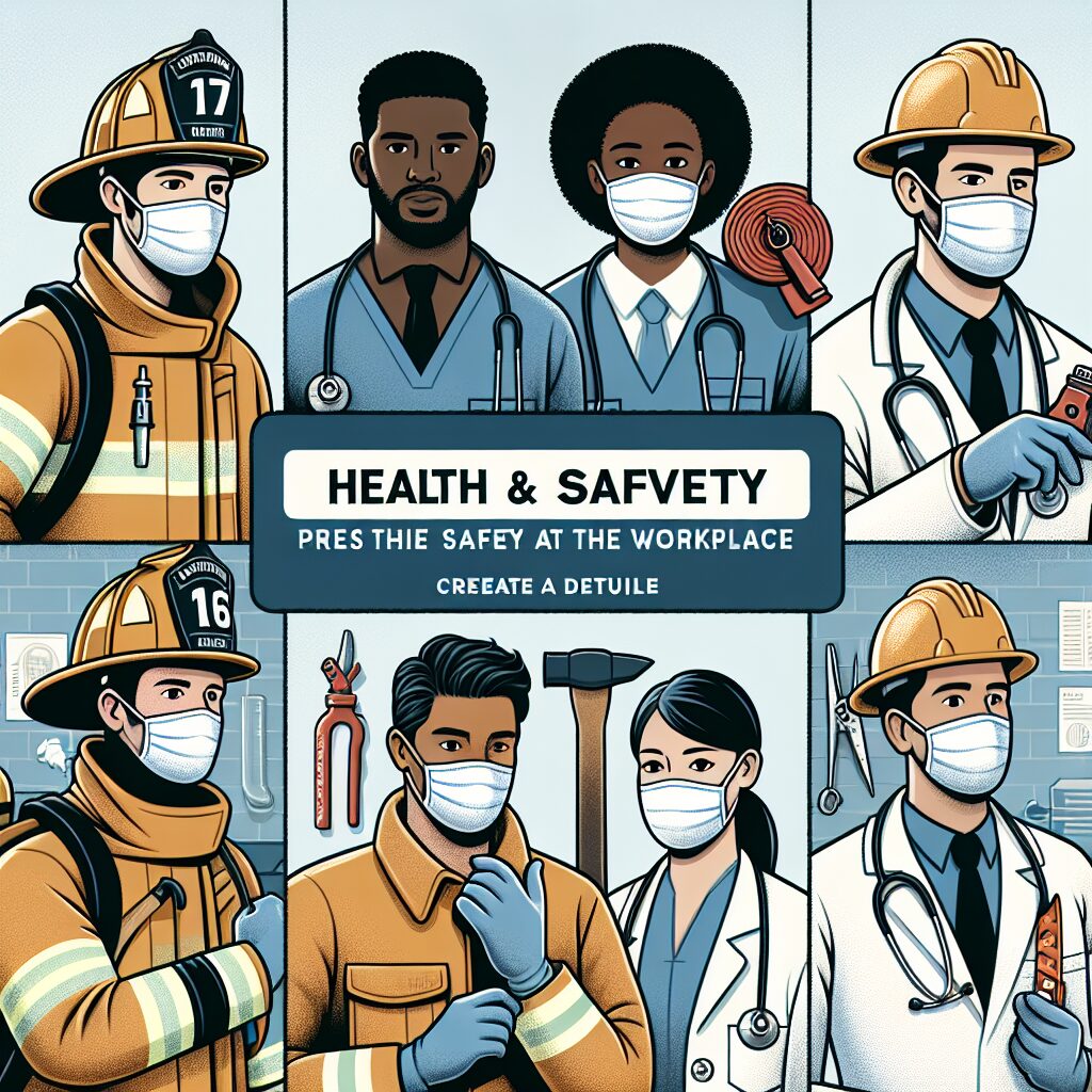 An illustrative image depicting a diverse group of workers in various professions, highlighting the importance of health and safety in the workplace, with a focus on collaboration and prevention.