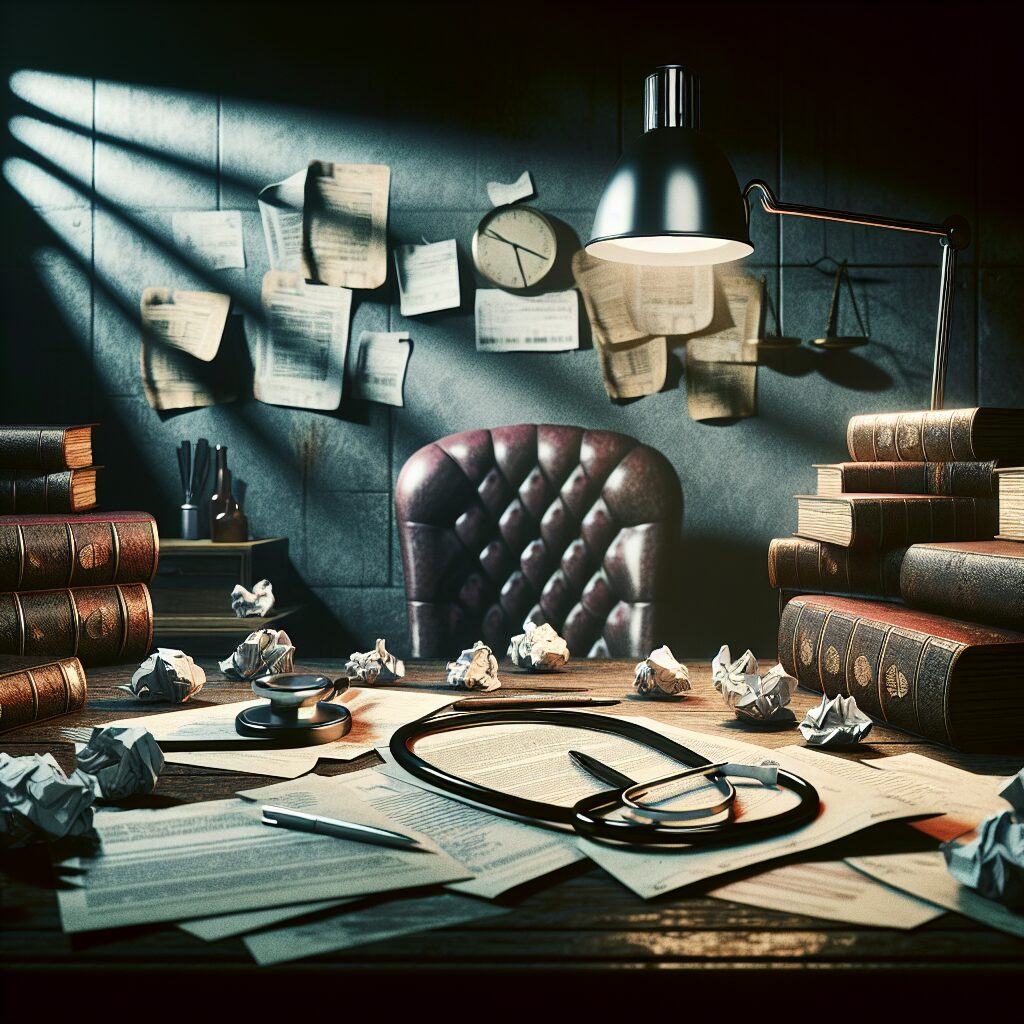 Illustration d'un cabinet médical sombre avec des documents et un stéthoscope, symbolisant la fraude et l'investigation dans le secteur de la santé.