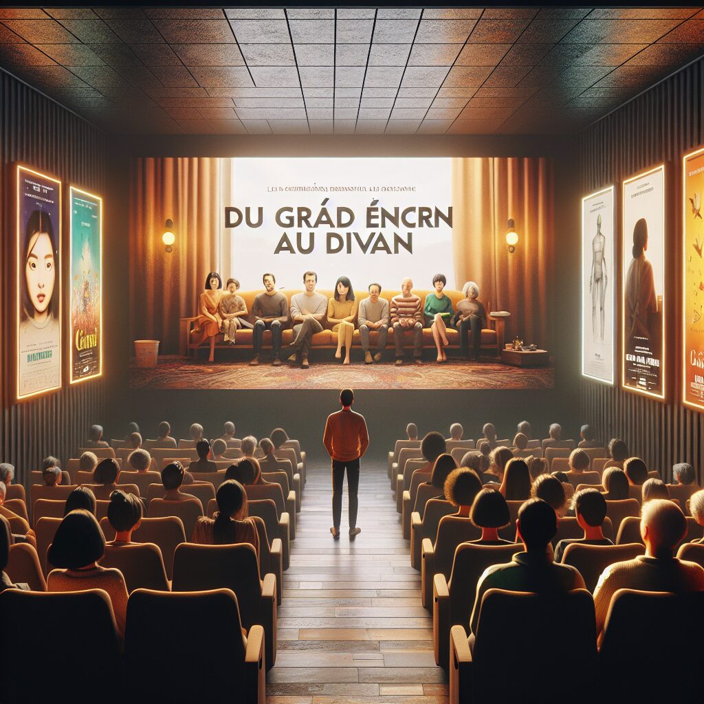 An inviting cinema setting with a large screen displaying the title 'Du grand écran au divan'. Viewers are engaged, while posters of seven films focused on mental health topics are visible. The atmosphere is warm, inclusive, and reflective, symbolizing a bridge between art and mental health awareness.