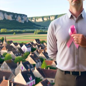 Un homme debout avec un ruban rose sur la poitrine, symbole de sensibilisation au cancer du sein, en arrière-plan d'un village typique français entouré de nature.