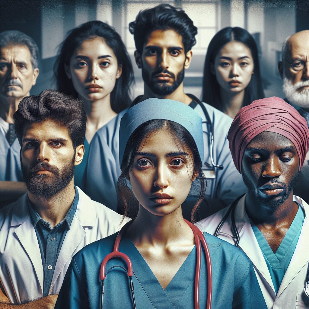 A sombre and emotional image of healthcare workers, with visible signs of stress and fatigue, in a hospital setting. The image should depict both male and female medical professionals, highlighting the burden they carry. The atmosphere is tense and introspective, reflecting the mental health struggles faced by workers in healthcare across Europe.