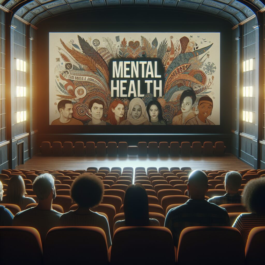 A cozy cinema hall with a large screen displaying mental health awareness posters, people of diverse backgrounds enjoying the film, and a calming atmosphere to symbolize mental well-being and open dialogue.