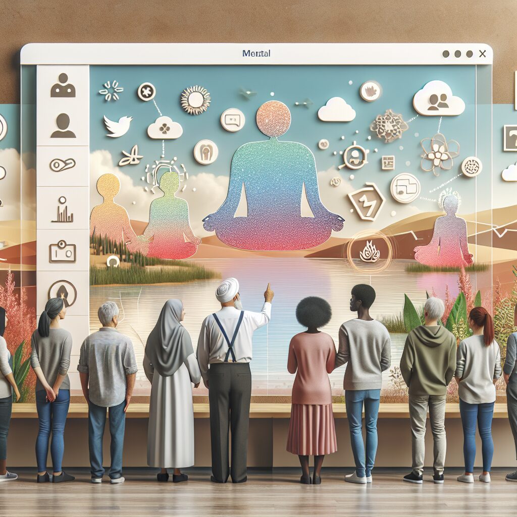 A diverse group of people interacting with a digital platform on mental health awareness, showing various demographic groups, with elements representing mental wellness like calm landscapes, symbols of understanding and support, in a warm and inclusive design.
