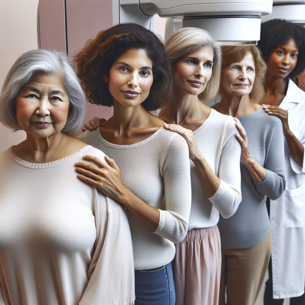 A diverse group of women aged 50 and over lined up for a mammogram screening, in a medical setting, reflecting concern and hope. The image should convey a sense of unity and awareness about breast cancer screening.