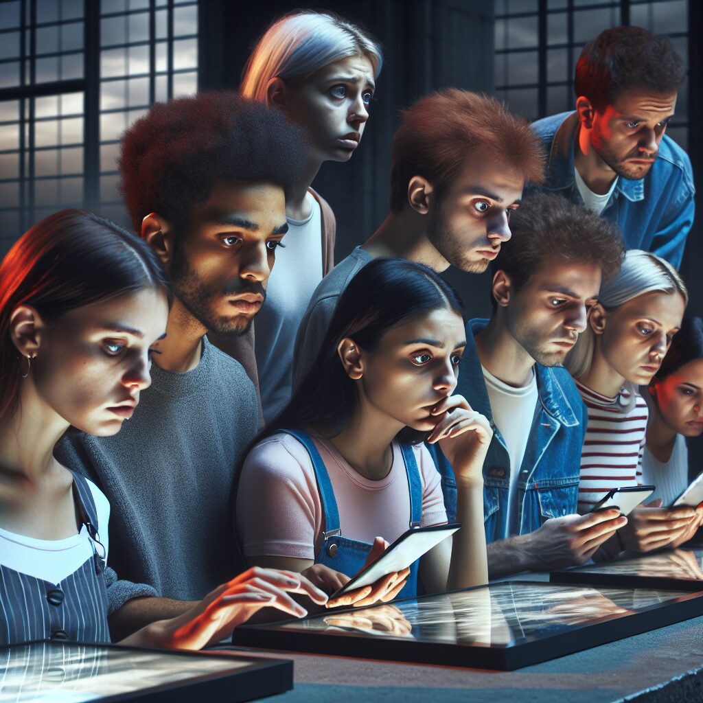 A group of diverse young people, each engaging deeply with large digital screens, exuding emotional distress and anxiety. The scene is set in a modern, urban environment with a somber atmosphere, capturing the essence of youth mental health concerns.