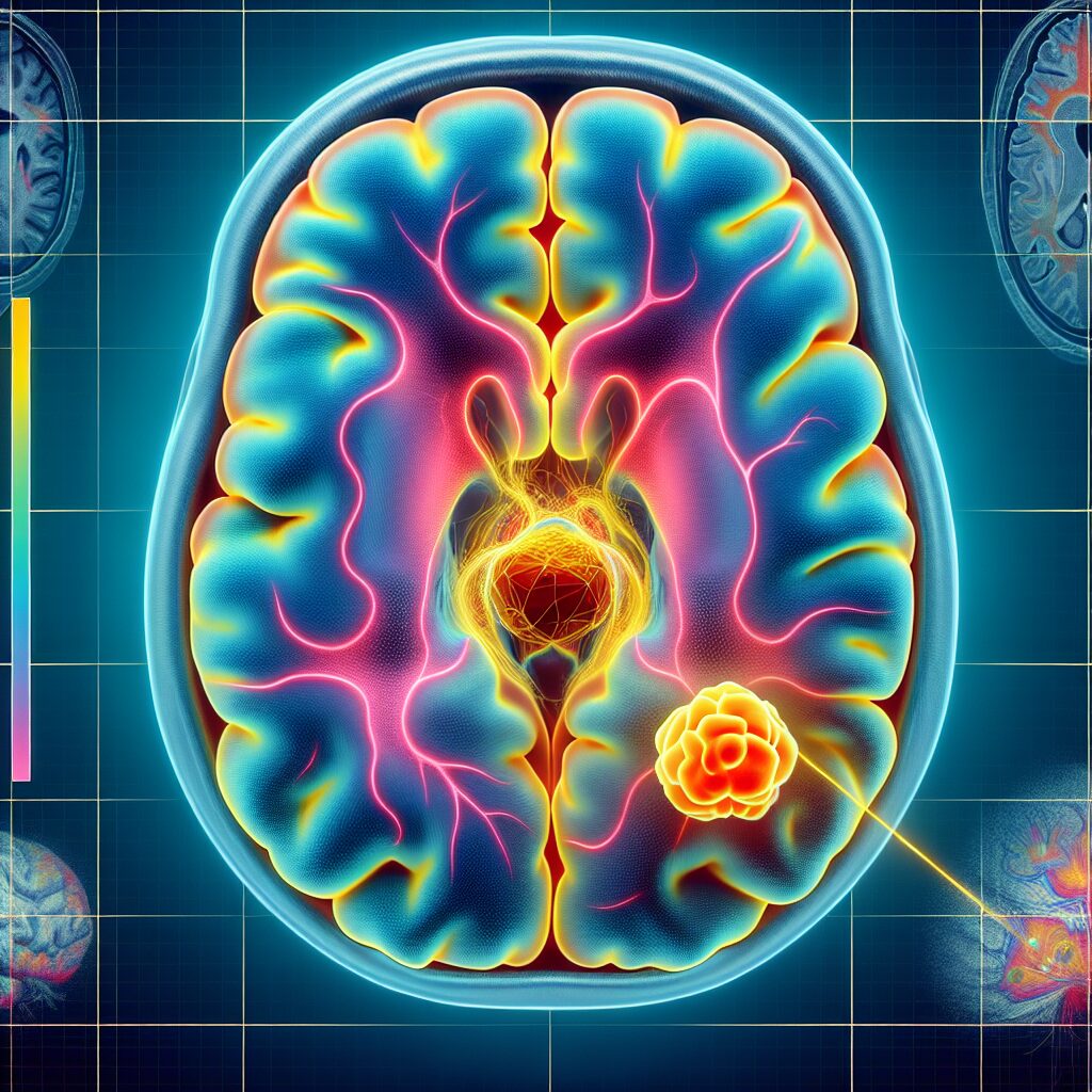 Illustration of a brain scan highlighting a small benign tumor in the hypothalamus, surrounded by a representation of uncontrolled laughter and neural activity.