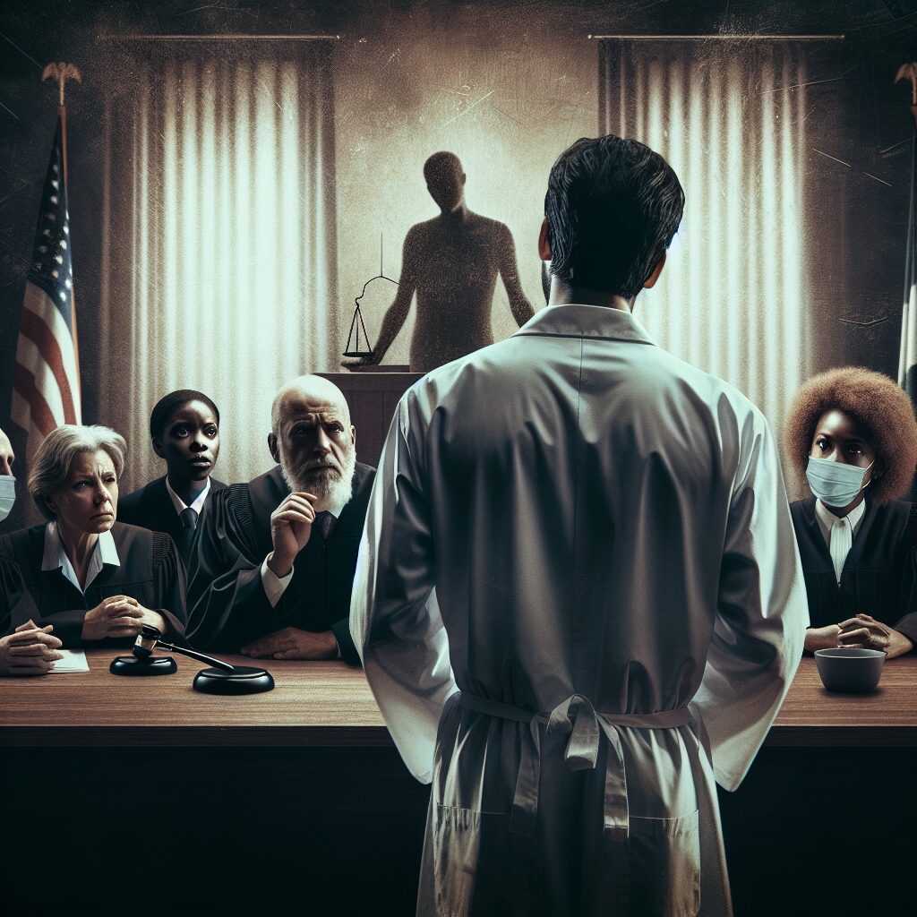 A courtroom scene with a somber atmosphere, depicting a middle-aged male doctor standing trial while facing a panel of judges. The focus is on the tension and emotions within the courtroom, with an artistic rendering to convey the gravity of the trial.