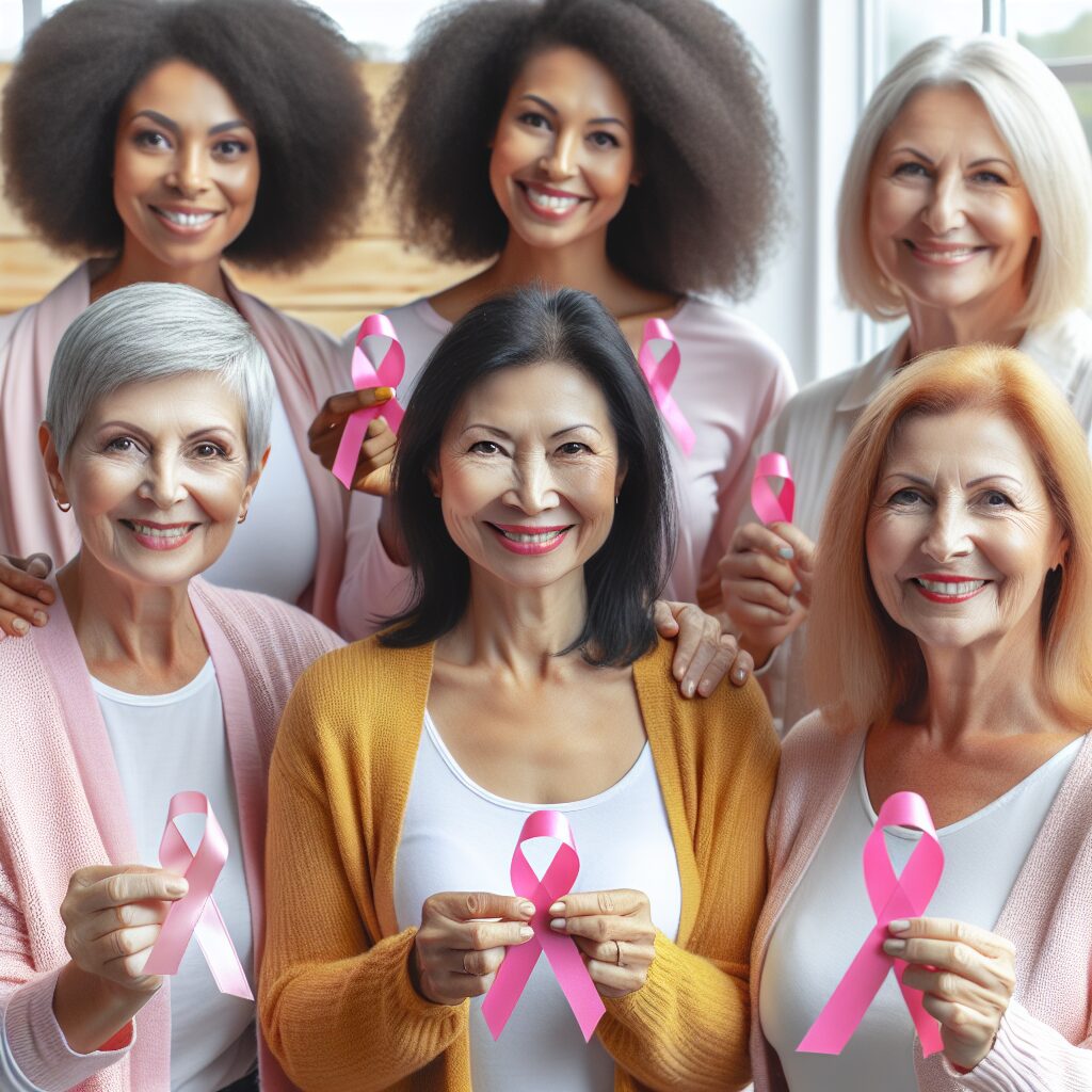 A diverse group of women aged 50 and above smiling and holding pink awareness ribbons, symbolizing breast cancer awareness and prevention, in a supportive and positive setting.