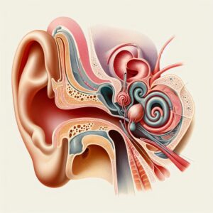 Illustration depicting the human inner ear with a focus on the vestibular system, showing the delicate balance organs responsible for equilibrium, using calming colors and a scientific, educational style.