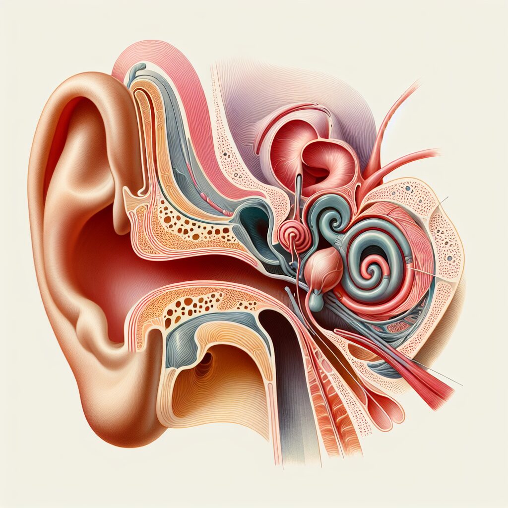 Illustration depicting the human inner ear with a focus on the vestibular system, showing the delicate balance organs responsible for equilibrium, using calming colors and a scientific, educational style.