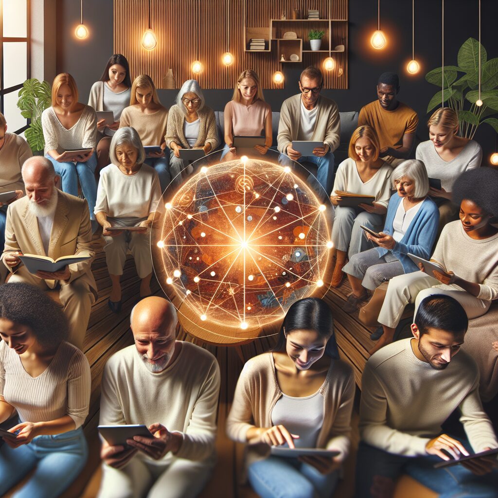 A diverse mix of people of various ages engaging with digital content on mental health, featuring a warm and inviting design to illustrate inclusivity and accessibility in mental health resources.