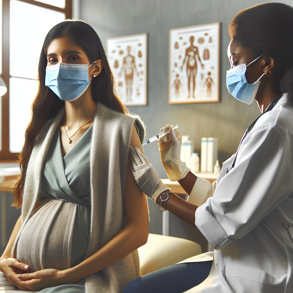 A pregnant woman receiving a flu vaccine in a clinical setting, emphasizing protection and health, with a serene and reassuring atmosphere.