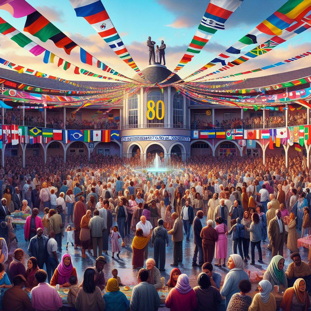 A celebratory event with diverse people at a community center, colorful banners, and a large '80th Anniversary of Social Security' sign, representing unity and solidarity in France.
